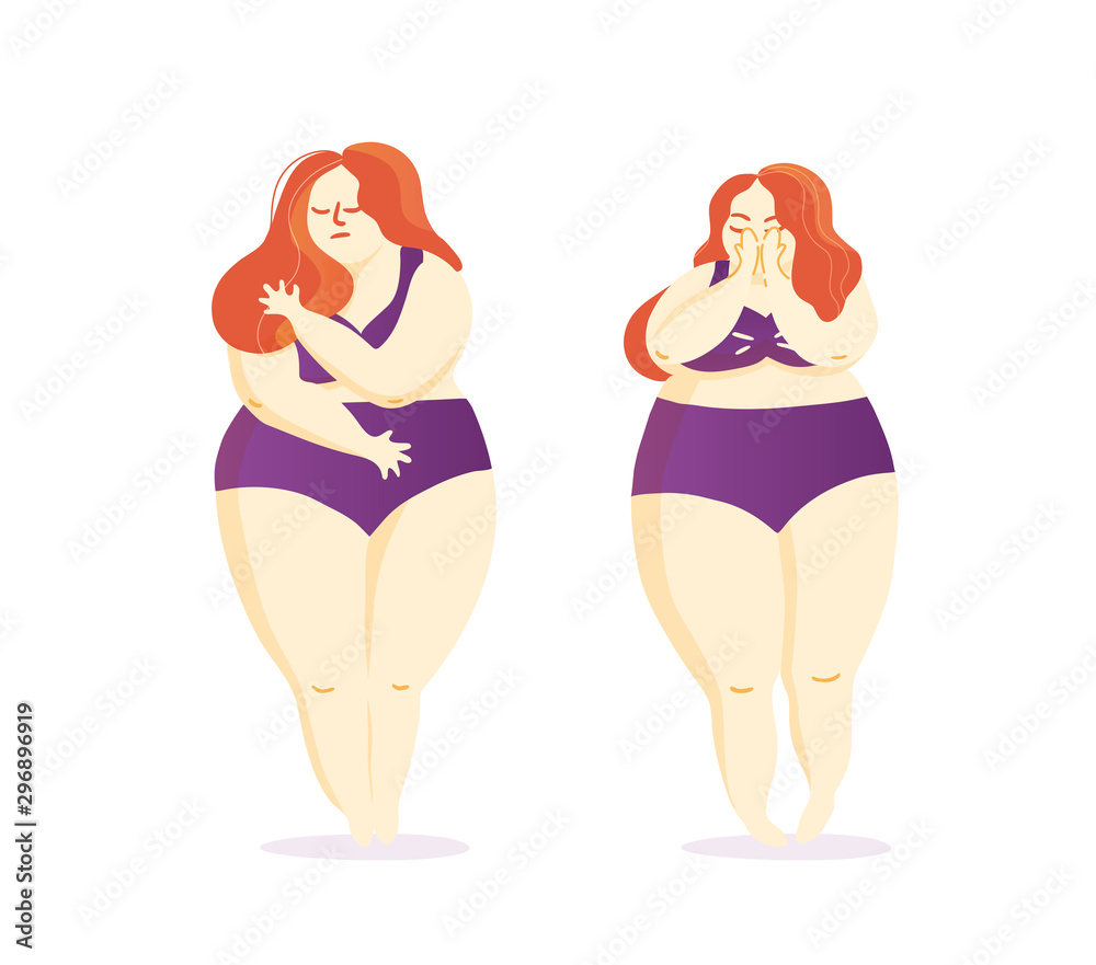 custom made wallpaper toronto digitalSad ashamed confused red haired young woman standing in her underwear. Fat shaming, body negative positive, bullying concept. Flat cartoon colorful vector illustration.