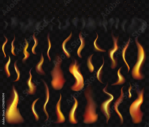Set of flame fire smoke and burning sparks. Set of transparent burning light effects.