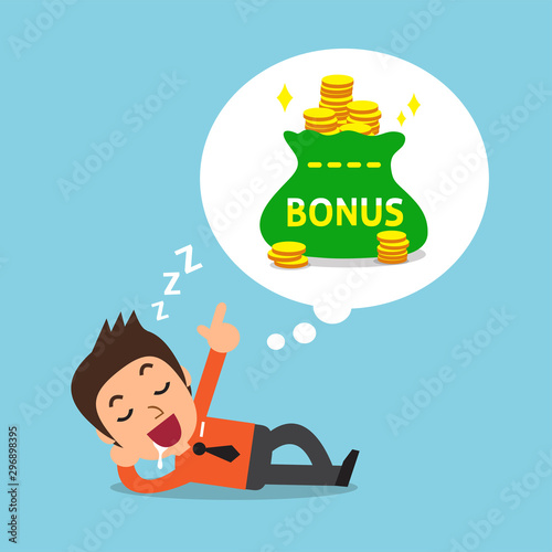 Cartoon businessman falling asleep and dreaming about bonus money for design.