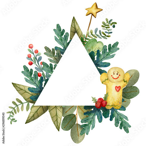 Watercolor Christmas frame triangular shape with a place for your wishes and greetings. Template of fir branches, boxwood, red berries and anise stars on a white background.