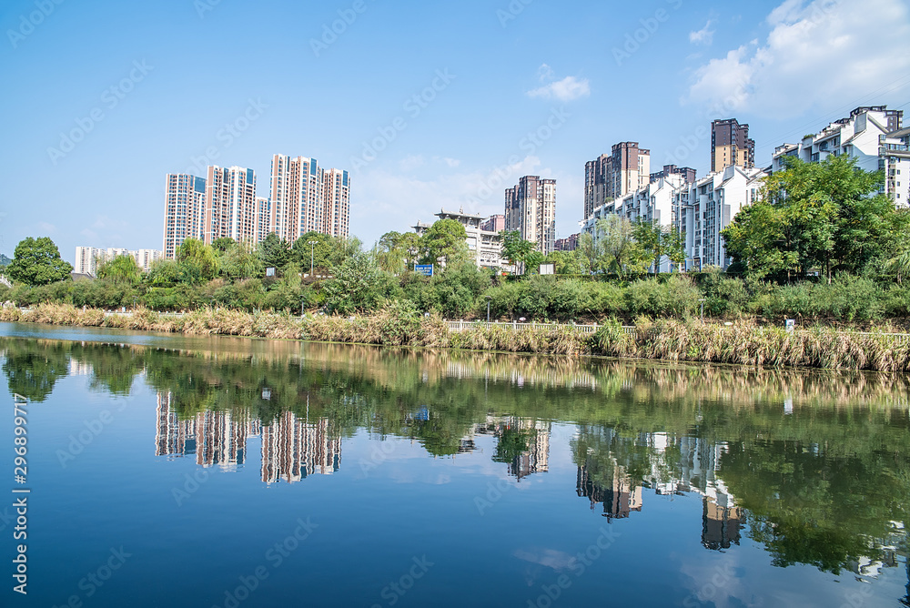 High-rise buildings on the banks of the Lancang River in Zhangzhou City, Hunan Province, China