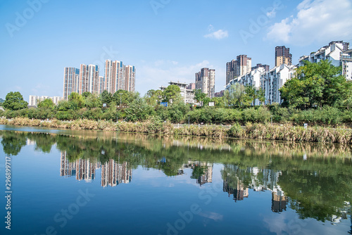 High-rise buildings on the banks of the Lancang River in Zhangzhou City, Hunan Province, China