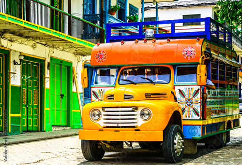 View on Typical colorful chicken bus near Jerico Antioquia, Colombia, South America photo