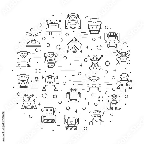 Robot character ai line icon set circular banner