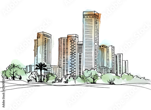 Colorful urban modern cityscape. Hand drawn line sketch. Vector illustration on background watercolor