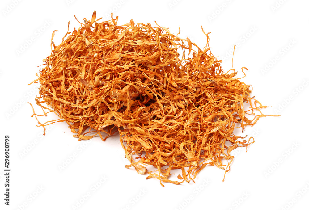 Naklejka premium dried cordyceps militaris mushroom isolated on white background