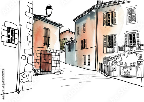 Nice veiw of romantice Provence. Hand drawn line sketch.. Vector illustration on background watercolor