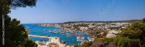 Panoramic view of Santa Maria di Leuca with many boats and yachts stand in harbor. Geographic region Salento, Puglia. Italy. 