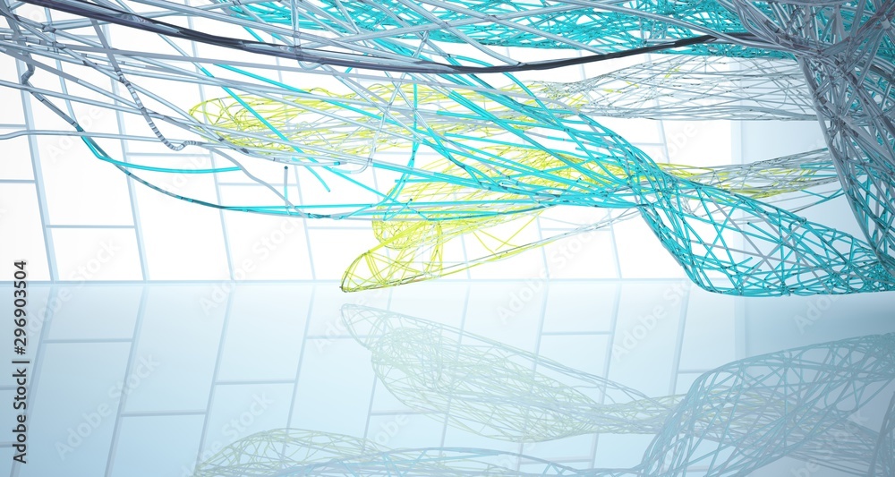 Abstract architectural white and glass gradient color wire smooth interior of a minimalist house with large windows. 3D illustration and rendering.