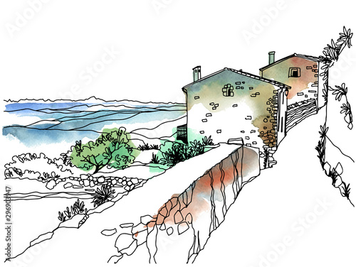 Nice veiw of romantice Provence. Hand drawn line sketch.. Vector illustration on background watercolor photo