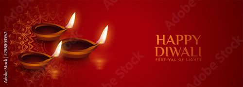 realistic diya lamp diwali red banner design