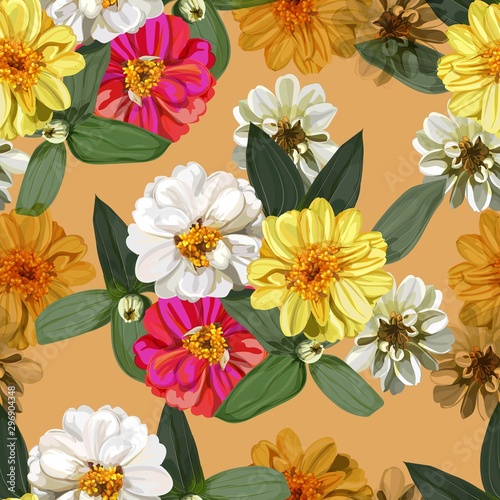 Flower seamless pattern with zinnia flowers