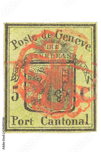 5 cent Geneva cantonal stamp from 1847 isolated on white background.