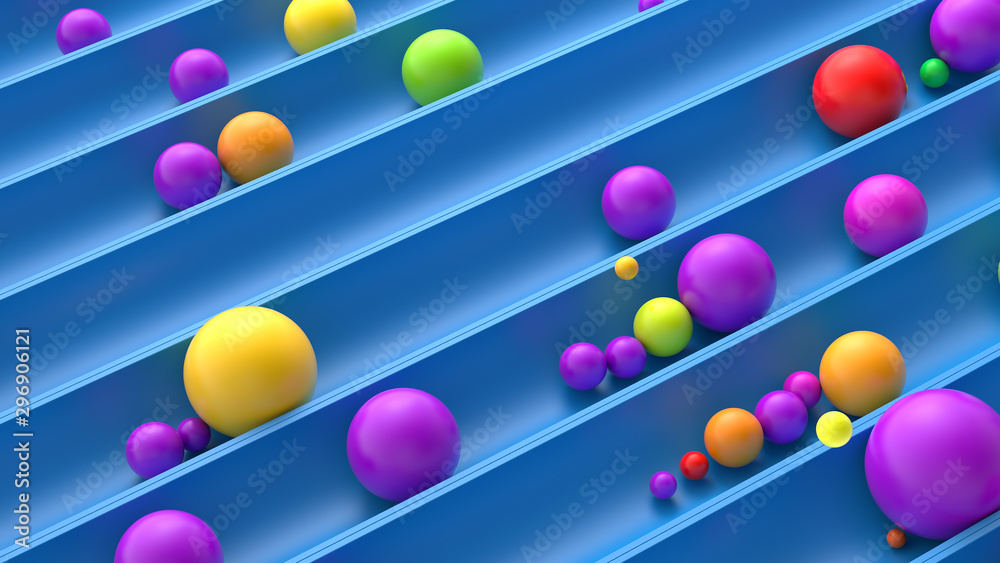 3d render of blue tubes with vibrant red, purple and yellow balls. ..