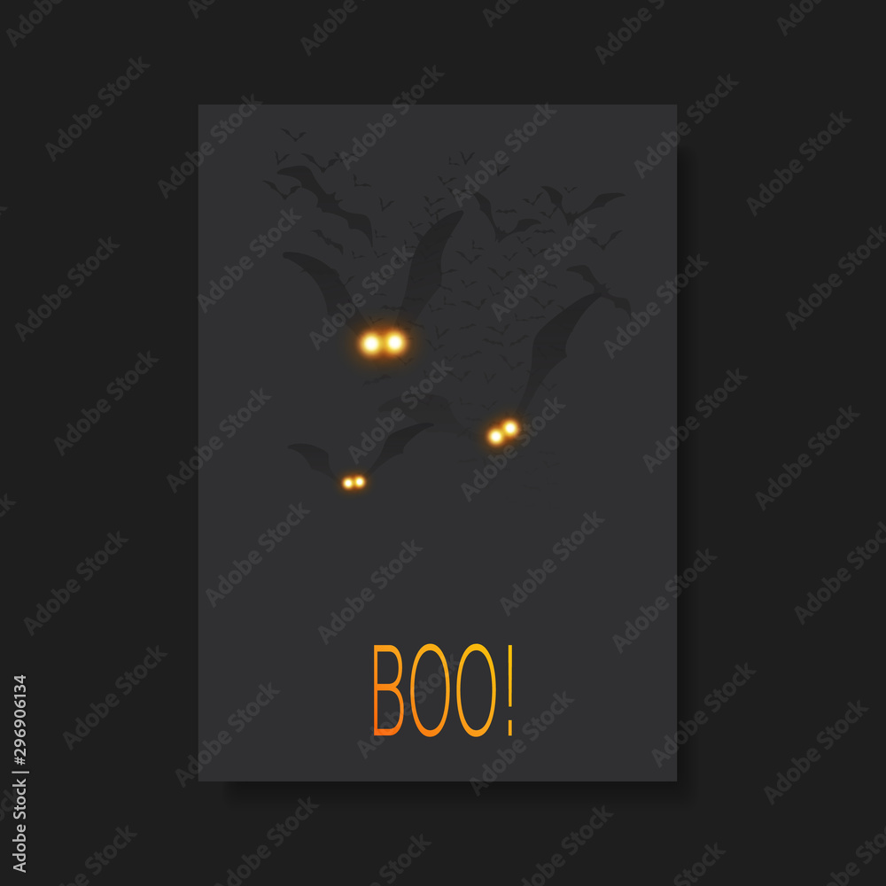 Happy Halloween Card or Flyer Template - Flying Bats with Glowing Eyes in The Dark - Vector Illustration