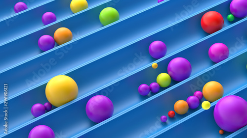 3d render of blue tubes with vibrant red  purple and yellow balls. ..