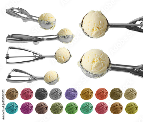 Group of vanilla ice cream and metal ice cream scoop isolated on white background