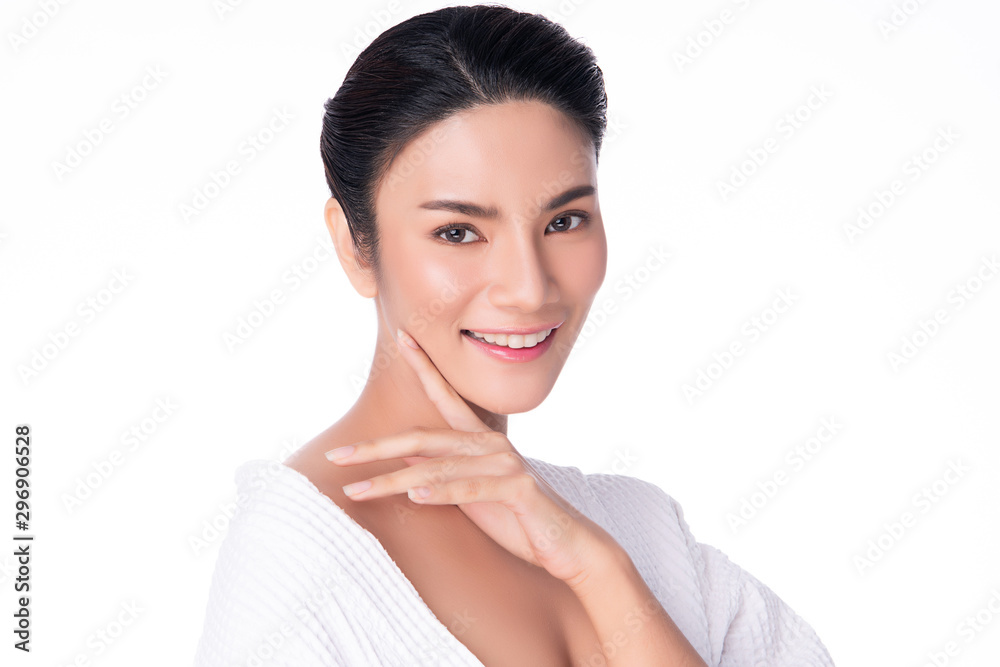 Beautiful Young Asian woman touching soft cheek smile with clean and fresh skin Happiness and cheerful, isolated on white background, Beauty and Cosmetics Concept Beautiful Young Asian woman touching soft cheek smile with clean and fresh skin Happiness and cheerful, isolated on white background, Beauty and Cosmetics Concept
