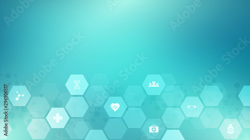 Abstract medical background with flat icons and symbols. Template design with concept and idea for healthcare technology, innovation medicine, health, science and research.
