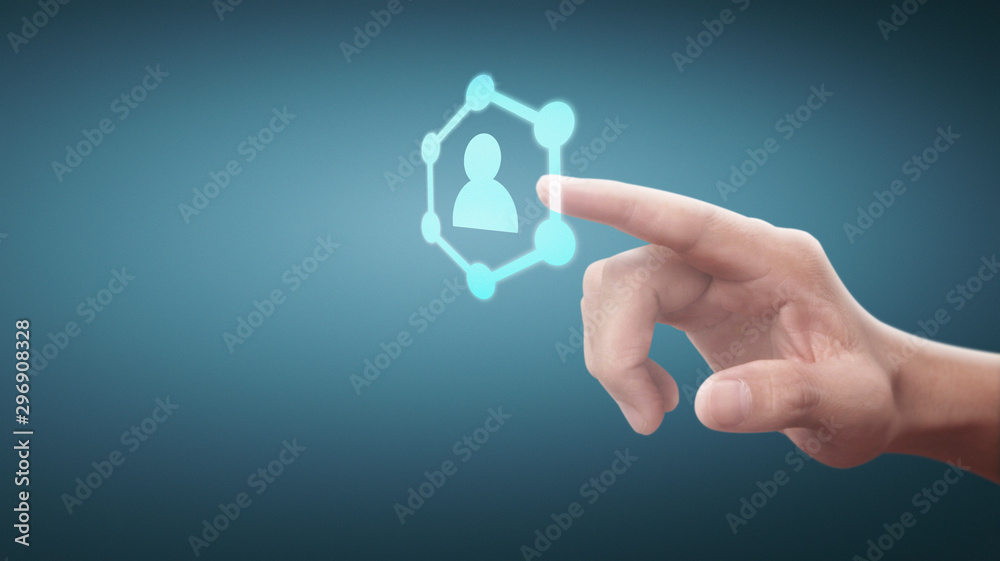 Hands touching button screen interface global connection customer networking Hands touching button screen interface global connection customer networking
