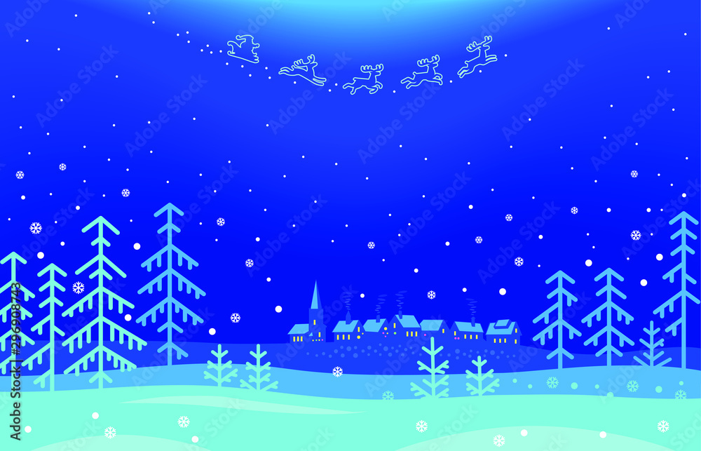 Christmas Dark Blue Pattern with Trees, Houses Santa Sleigh in the Sky 