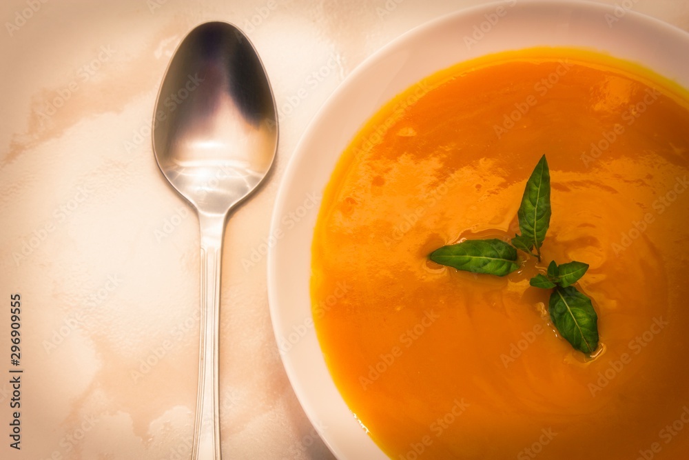 Pumpkin soup close up view, diet concept Pumpkin soup close up view, diet concept