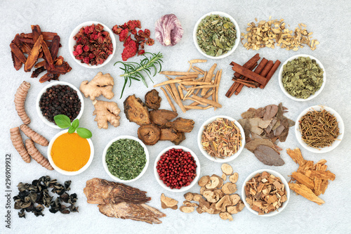 Super food collection for good health  vitality and fitness including herbs and spice used in natural and chinese herbal medicine. Flat lay.