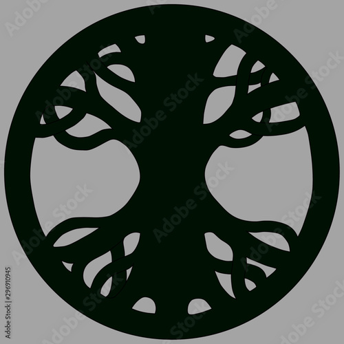Yggdrasil Ash, Scandinavian symbol of Norse Mythology from Edda. Symbol of belief of vikings. Old Norse symbol of mythical holy ash tree. Isolated vector illustration. Green tree logo in a circle. photo