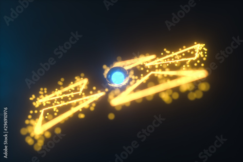 Glowing triangles and particles with dark background, 3d rendering.