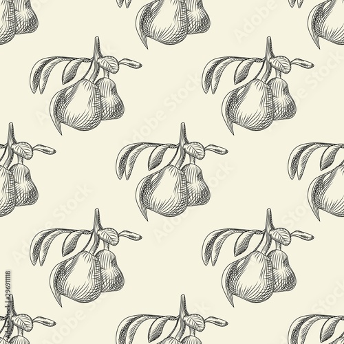 Hand drawn pears seamless pattern. Pear fruit wallpaper.