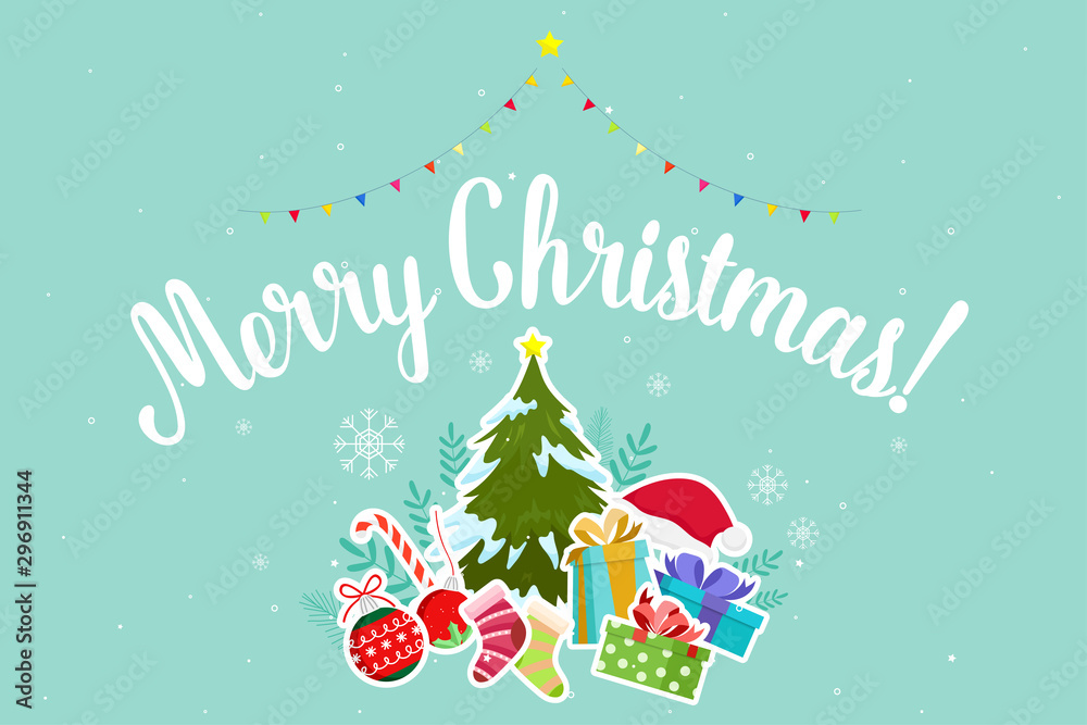 Christmas Greeting Card with Christmas Santa Claus ,Snowman pine and reindeer. Vector illustration