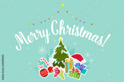 Christmas Greeting Card with Christmas Santa Claus ,Snowman pine and reindeer. Vector illustration © Johnstocker