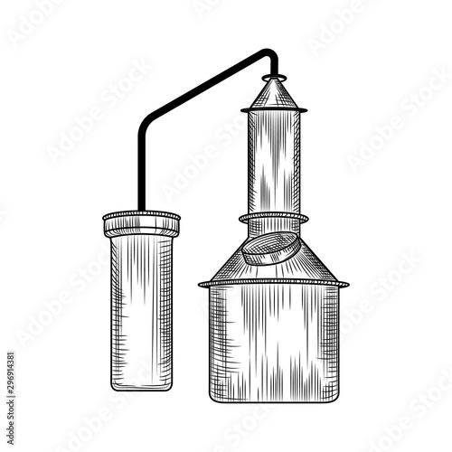 Alembic vintage engraved style. Copper cube isolated on white background.