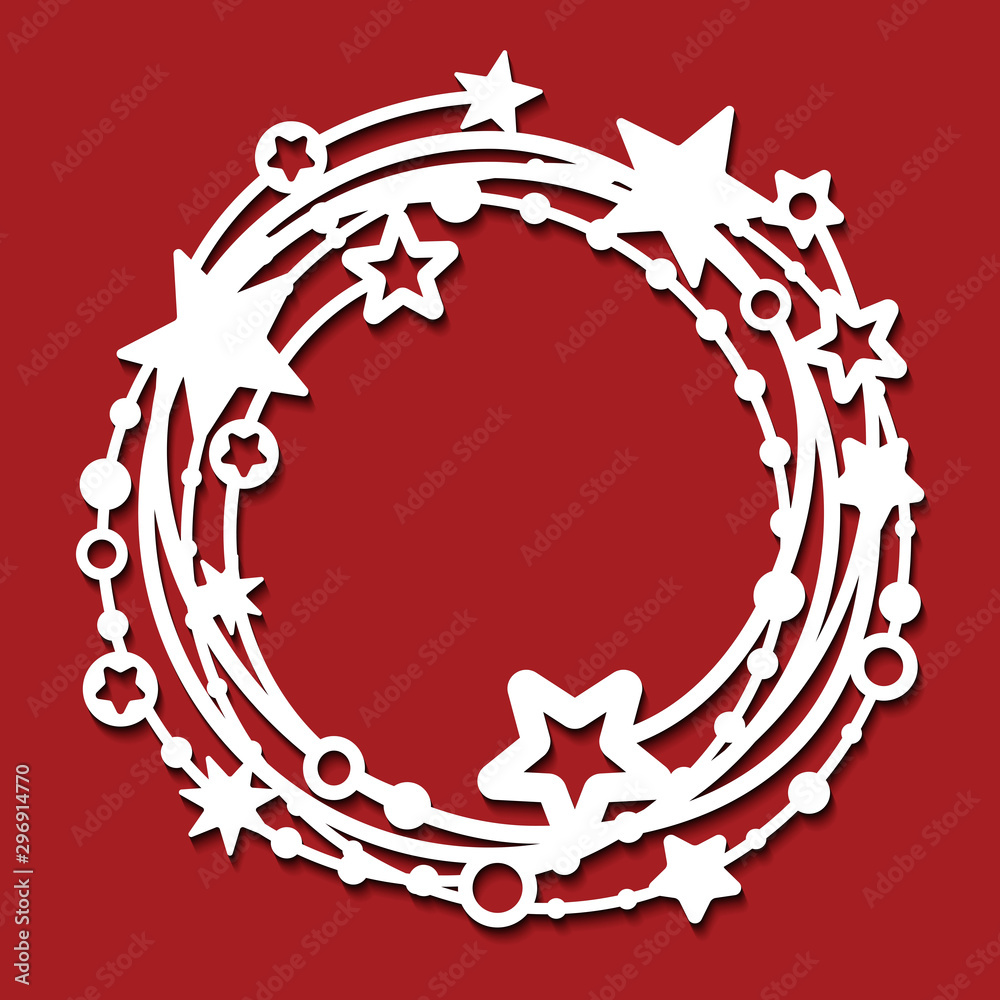Laser cut template of openwork vector pattern. Frame in shape of wreath with stars and circles. Silhouette of round border for xmas invitation card. Vintage christmas decoration for paper cut out.