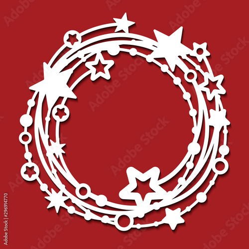 Laser cut template of openwork vector pattern. Frame in shape of wreath with stars and circles. Silhouette of round border for xmas invitation card. Vintage christmas decoration for paper cut out.