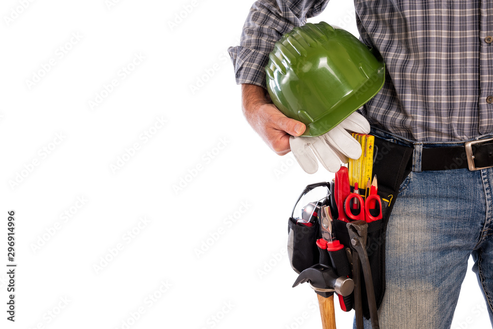Adult craftsman carpenter isolated on white background, he is holding his helmet and leather work gloves. Work tools industry construction, do it yourself housework. Stock photography. Adult craftsman carpenter isolated on white background, he is holding his helmet and leather work gloves. Work tools industry construction, do it yourself housework. Stock photography.