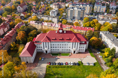 Aerial: The old building of Immanuel Kant Baltic Federal University in Kaliningrad, autumn time