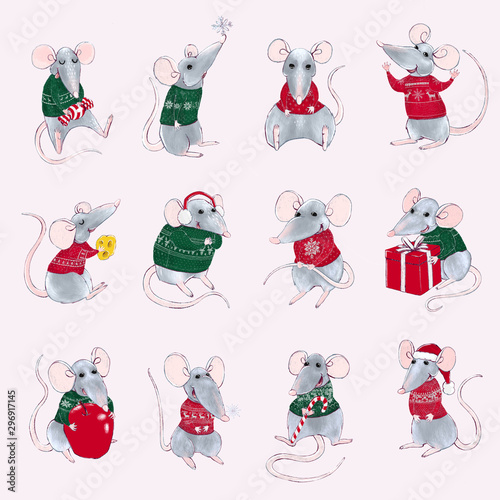 Colorful set with illustrations of rats wear Christmas sweaters. New year and Christmas characters. Can be used for as elemets for your design for greeting cards  calendars  prints