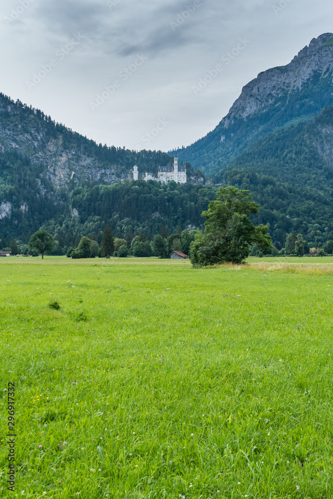 Castle of Louis II of Bavaria, the most visited monument in Germany, in the afternoon with blue and brown tones and the green meadow in the background with the sky covered with gray clouds. Castle of Louis II of Bavaria, the most visited monument in Germany, in the afternoon with blue and brown tones and the green meadow in the background with the sky covered with gray clouds.