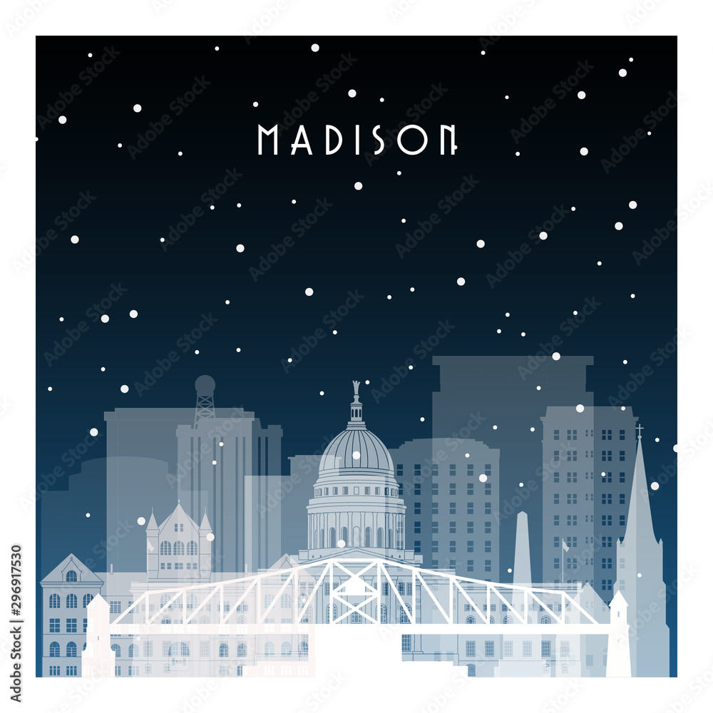 Winter night in Madison. Night city in flat style for banner, poster, illustration, background.