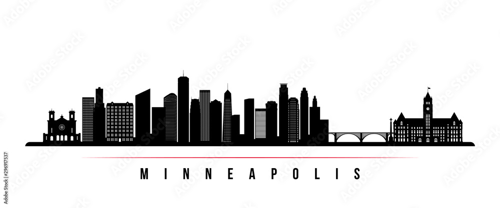 Minneapolis skyline horizontal banner. Black and white silhouette of Minneapolis, Minnesota. Vector template for your design.