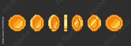 Pixel gold coin animation for 16 bit retro game. Vector golden pixelated coins. Illustration of money 8 bit. photo