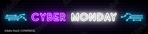 Cyber Monday neon long signboard. Vector bright design with Circuit board pattern and inscription Cyber Monday.