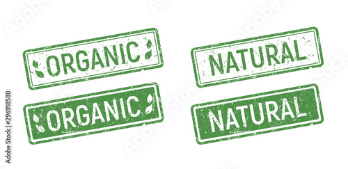 Organic rubber stamp set, Green ecologic natural style on grunge rubber stamp. Vintage old texture frame with organic text and leaves icon.
