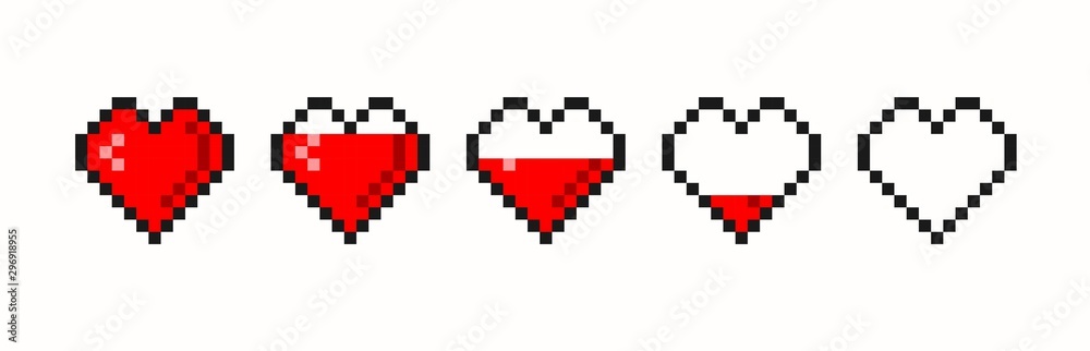 Pixel game life bar. Vector art 8 bit health heart bar. Gaming controller, symbols set.