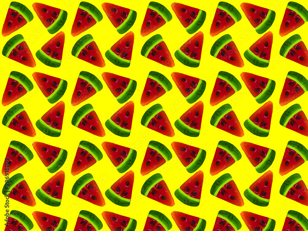 Seamless pattern from slices of watermelon on a yellow background. Print for fabric. Seamless pattern from slices of watermelon on a yellow background. Print for fabric.