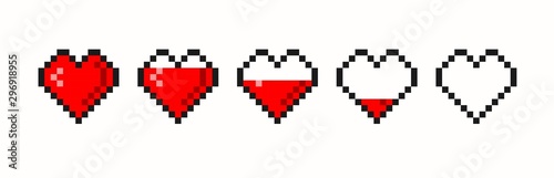 Pixel game life bar. Vector art 8 bit health heart bar. Gaming controller, symbols set.