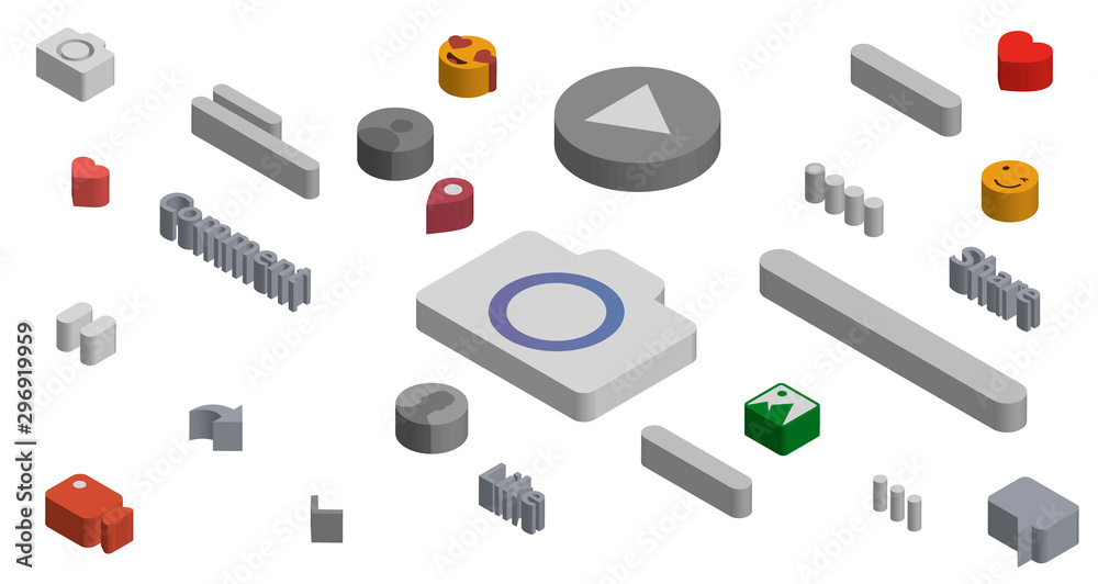 Isometric social media flat icons set. 3d concept with chat, video, mail, phone, hashtag, like, music sign. Web illustration infographics collection. Isometric social media flat icons set. 3d concept with chat, video, mail, phone, hashtag, like, music sign. Web illustration infographics collection.