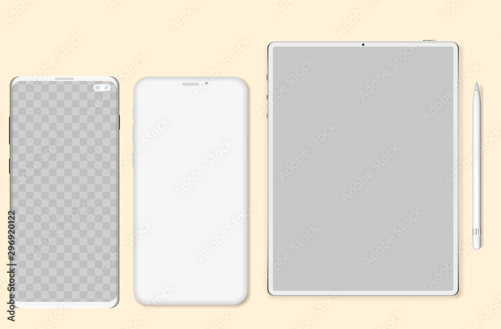 Clay phones and tablet computer mockup - front view. Set of modern clay devices mockups: tablet and phone. Vector illustration Clay phones and tablet computer mockup - front view. Set of modern clay devices mockups: tablet and phone. Vector illustration