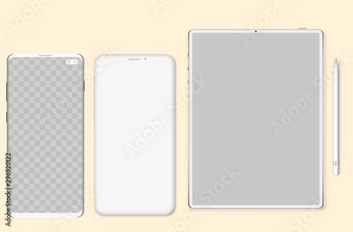 Clay phones and tablet computer mockup - front view. Set of modern clay devices mockups: tablet and phone. Vector illustration